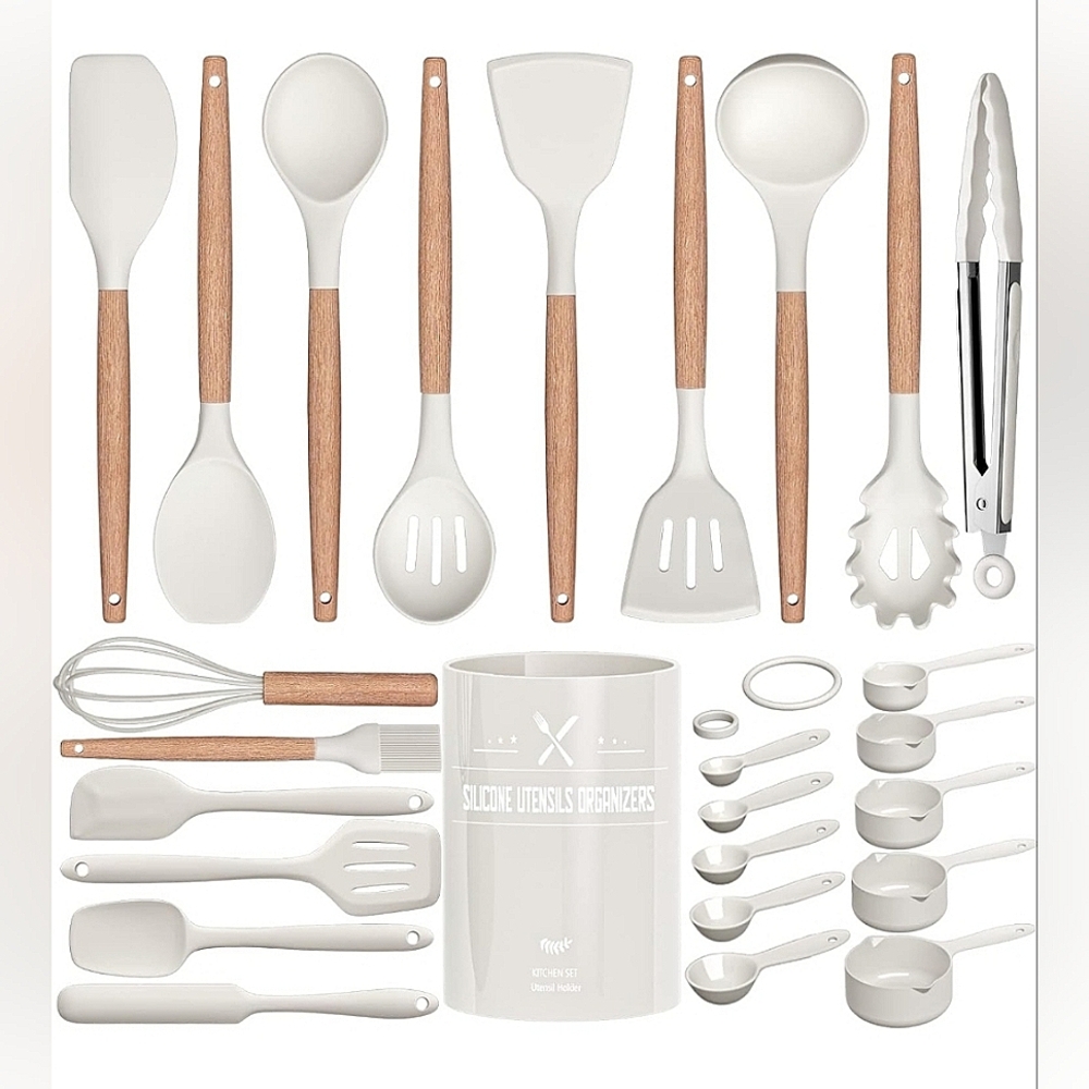 26pc Silicone Kitchen Utensil Set w/ Holder - White & Wood